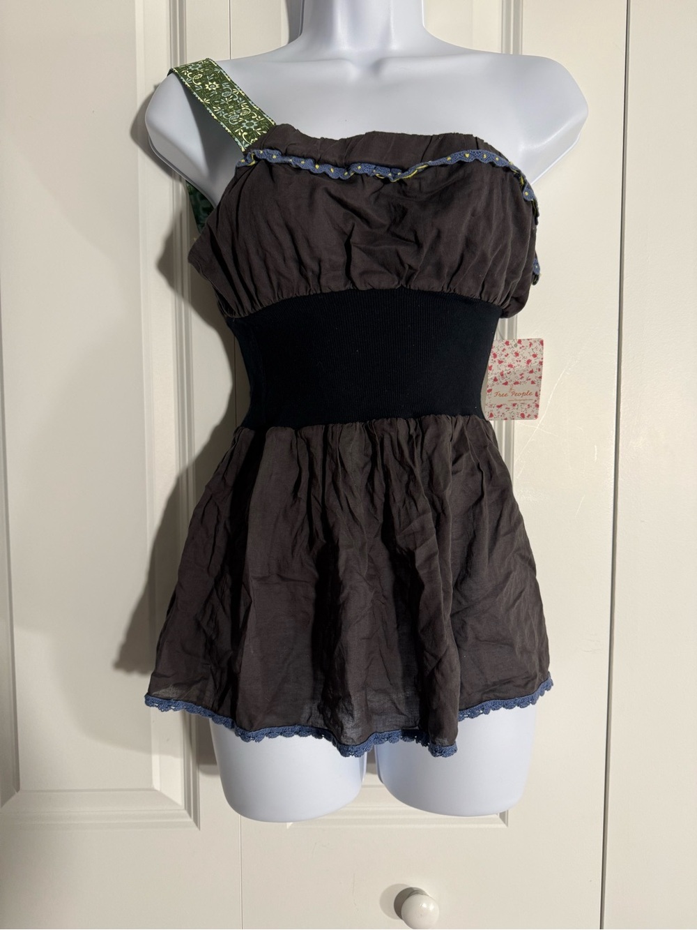 Free People Black and Green One-Shoulder Peplum Tank
